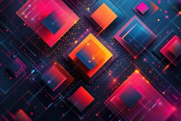 Colorful technology-inspired abstract shapes, vivid neon gradients in a square 3D modern design