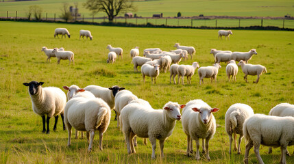 Rural scenic. Flock of sheep grazing in the pastureland.