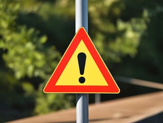 Close-up of a yellow triangular warning sign with an exclamation mark, mounted on a metal pole outdoors, signaling caution and safety awareness in a public environment.


