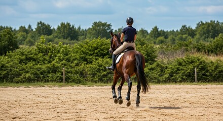 Obraz premium Horseback Riding Equestrian Training on Sandy Arena Back View