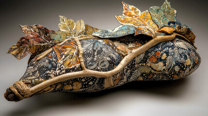 Fototapeta premium Intricately designed ceramic sculpture resembling a leaf-covered vessel on a neutral background