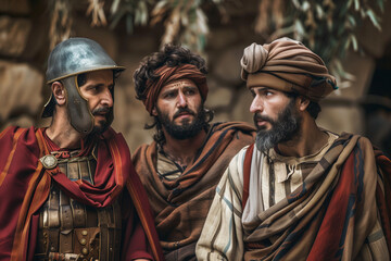 Betrayal of Judas Iscariot accepting payment from Roman officials in a realistic depiction of Holy Wednesday in Christian tradition