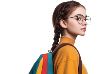 A charming girl with braided hair and glasses stands in a vibrant school environment, proudly carrying her colorful backpack.