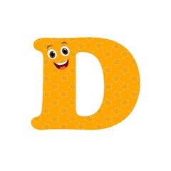 Letra D maiúscula com fundo cor laranja personalizado com estrelas e rosto sorriso para alfabetização infantil