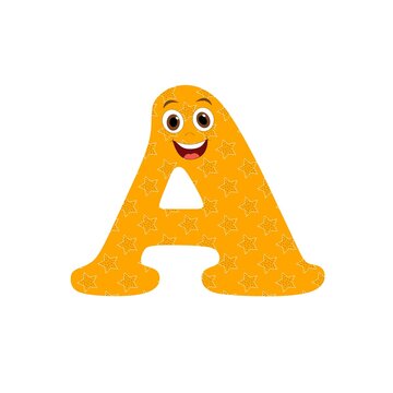 Letra A mai&uacute;scula com fundo cor laranja personalizado com estrelas e rosto sorriso para alfabetiza&ccedil;&atilde;o infantil