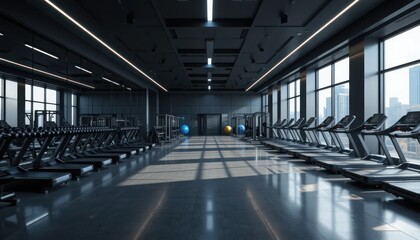 Empty Gym with Treadmills and Weights Ready for Fitness Workout