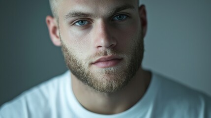 Obraz premium Close-up portrait of a young man with blue eyes and light beard, wearing a white t-shirt against a gray background.