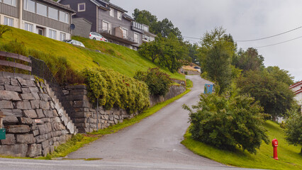 Scenic View of a Sloped Residential Road Surrounded by Greenery and Modern Homes in a Picturesque Neighborhood on a Misty Day