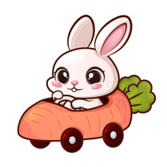 Cute bunny with a carrot car.  Easter greeting card concept.