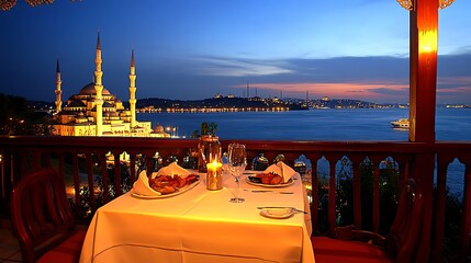 Naklejka premium Romantic Istanbul dinner, mosque view