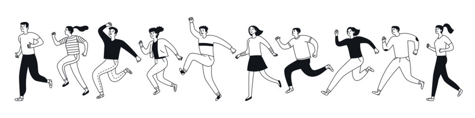 People running. Men, women actively moving. Linear set of characters. Vector illustration isolated in doodle style