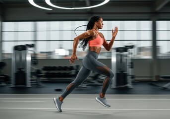 Braided Athlete Sprinting in a Blurred Gym Setting