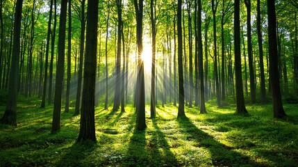 Obraz premium Sunbeams pierce a lush green forest at dawn.