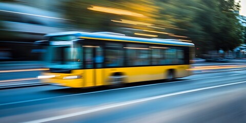 Blurred motion of a yellow bus speeding through a dynamic urban cityscape