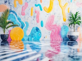 Fototapeta premium Vibrant Fluid Shapes and Tropical Foliage in Digital Abstract Art Composition