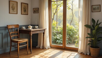 Fototapeta premium Charming Home Office with Wooden Chair and Table by Window