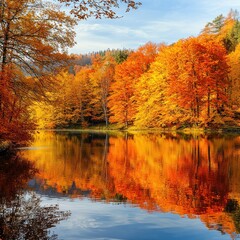 Fototapeta premium Autumn trees reflected in calm lake water.