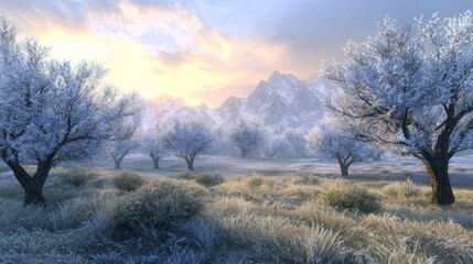 Obraz premium Frosty sunrise over snow-covered trees and mountains.