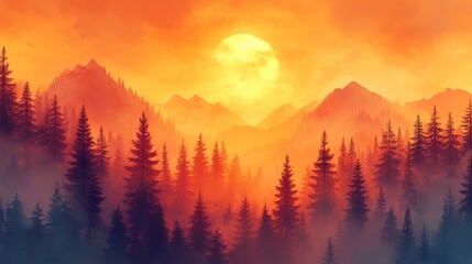 Fototapeta premium Sunrise, misty mountains, pine forest, fiery sky