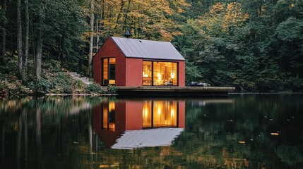 Fototapeta premium Lakeside red cabin at dusk, lights on, reflecting in calm water.