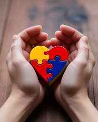 Symbolic heart-shaped puzzle in hands, representing love, unity, autism awareness, support, and care
