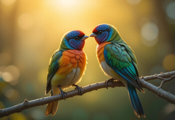 Obraz premium Two vibrant birds perch closely on a branch, gazing at each other with softness. The golden sunlight filters through trees, enhancing the beauty of their plumage