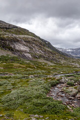 A Breathtaking View of the Rocky Hills and Flowing Stream Surrounded by Lush Greenery Under a Cloudy Sky in a Remote Wilderness Landscape
