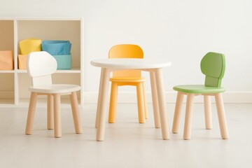 Modern children s furniture set featuring colorful chairs and round table in a bright, minimalist room for playful learning experiences