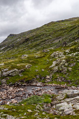 Obraz premium Breathtaking Landscape of Rolling Green Hills and a Stream Flowing Through Rocky Terrain Under a Cloudy Sky in a Serene Nature Scene