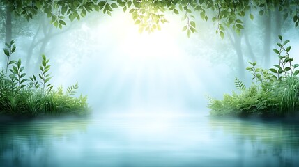 Naklejka premium Serene Lake Reflection Under Sunlight Forest Canopy Landscape Scenery Peace Tranquility Environment