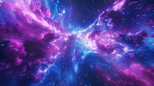 An abstract blend of blue and purple neon glow symbolizes the speed of light, with bursts of cosmic energy and light.