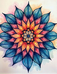  Mandala Art with Yellow Center and Blue Leaves - Abstract Design