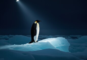 Obraz premium Lone Emperor Penguin on Iceberg at Night