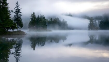 Fototapeta premium Foggy Morning Over a Tranquil Forest Lake, Mystical Landscape with Fog and Water Reflections, Dreamlike Lake Scene with Fog and Reflections.
