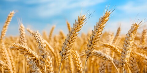 Fototapeta premium Golden wheat field on a sunny summer day scenic countryside landscape with ripe cereal crop under blue sky long title Breathtaking panoramic view of