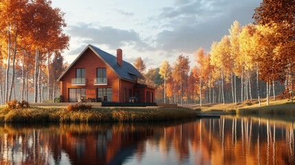 Fototapeta premium Lakeside autumn house reflection.