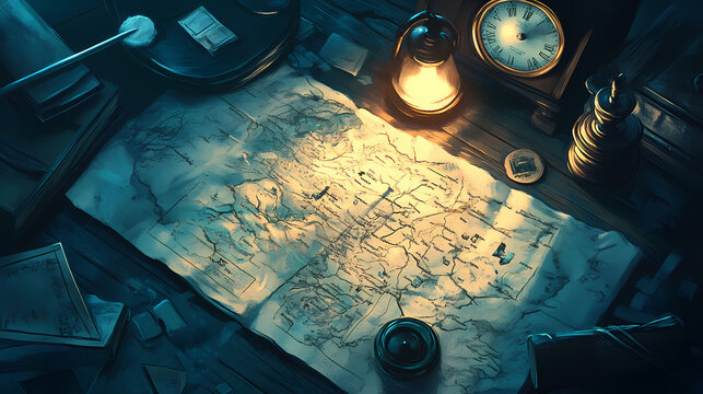 Board game, mystery solving, detective skills challenges players to gather clues and solve complex puzzles. Mystery - Night. Illustration