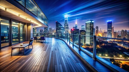 Fototapeta premium Long Exposure Night Cityscape View from Modern Terrace Balcony