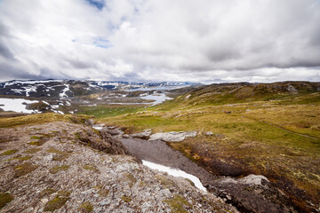 A Stunning Panoramic View of Rugged Terrain Featuring Snowy Peaks and Lush Green Valleys Under a Dramatically Cloudy Sky at One of Nature's Most Beautiful Locations