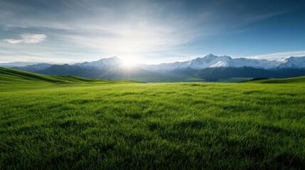Fototapeta premium Idyllic green Field with Snow-Capped Mountains at Sunrise