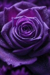 Close-Up of Vibrant Purple Rose with Dew Drops on Petals

