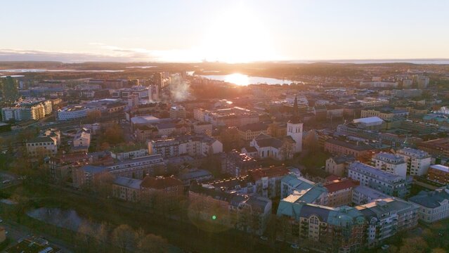 Aerial Sunset View of Karlstad, Sweden with Historic Church and Cityscape 