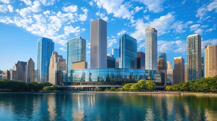 Fototapeta premium City skyline reflecting in calm water with greenery.