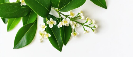 Sprig of green leaves and white flowers on white background.