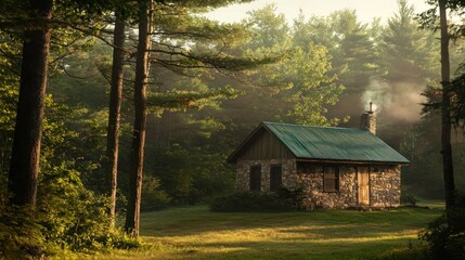 Misty morning sunrise illuminates a stone cabin nestled in a lush forest.