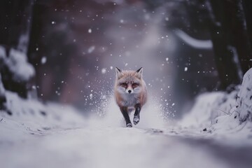 Fototapeta premium Dashing Fox Running Through Snowy Forest with Fluffy Snowflakes