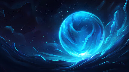 Mysterious blue aura surrounds a glowing orb in the darkness of space, space, mystery. Mystery - Night. Illustration