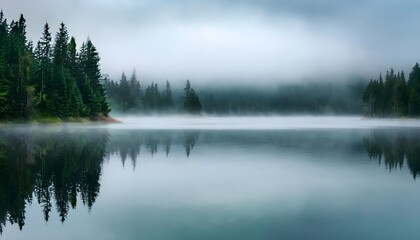 Fototapeta premium Foggy Morning Over a Tranquil Forest Lake, Mystical Landscape with Fog and Water Reflections, Dreamlike Lake Scene with Fog and Reflections.