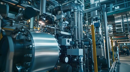 A large industrial plant with many pipes and valves. Concept of complexity and efficiency, as the machinery is designed to perform a variety of tasks