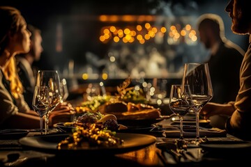 Naklejka premium Waitstaff efficiently attending to diners in a bustling eatery.